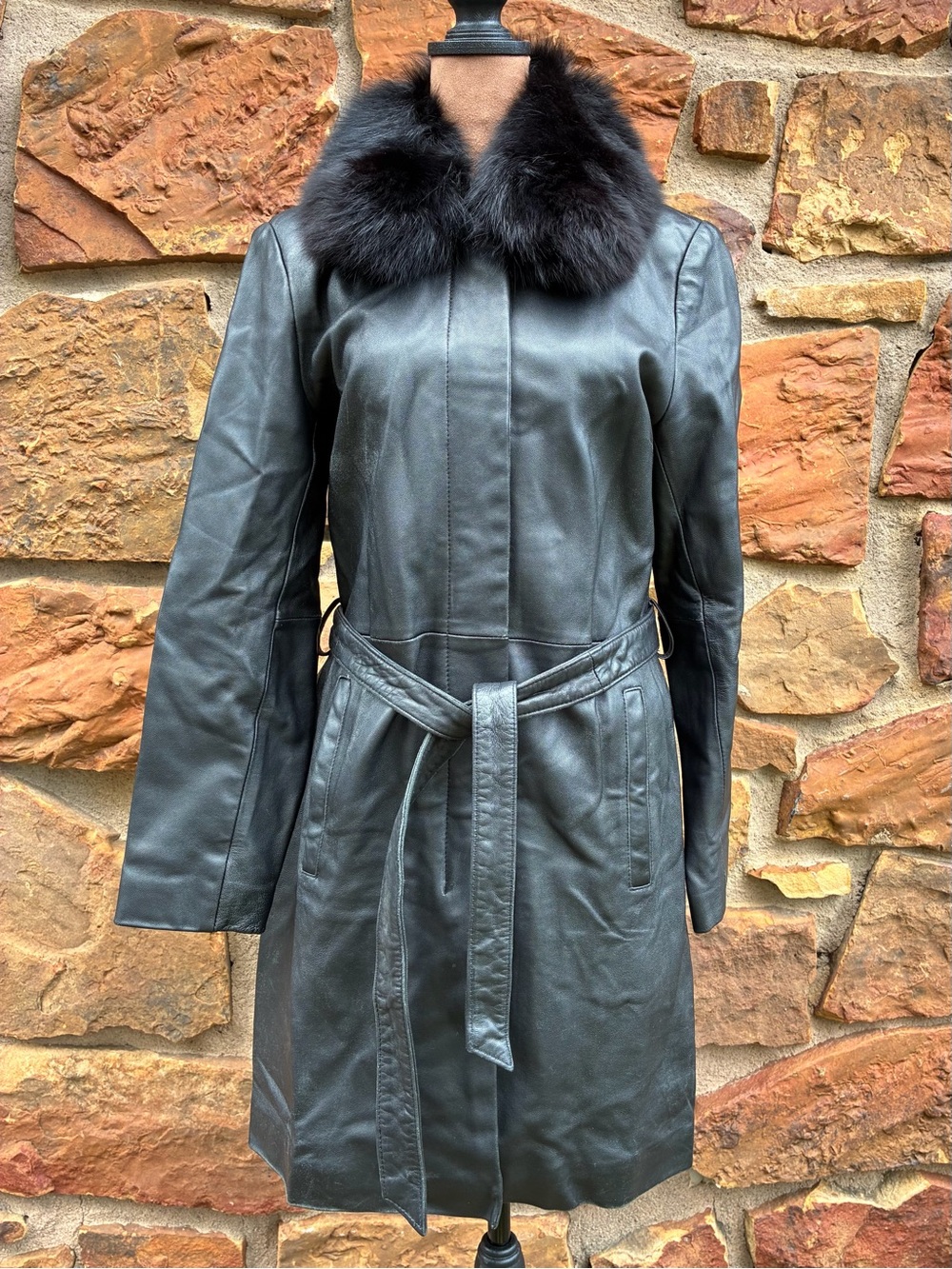 Marvin Richards Black Leather Trench Coat with Dark Fur Collar